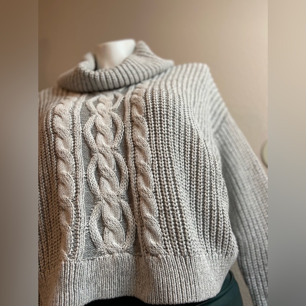 Bobi Black~NWT~Cozy Cotton Turtleneck~Waist Cropped Sweater~Ivory/Gray~Size M - Picture 5 of 16